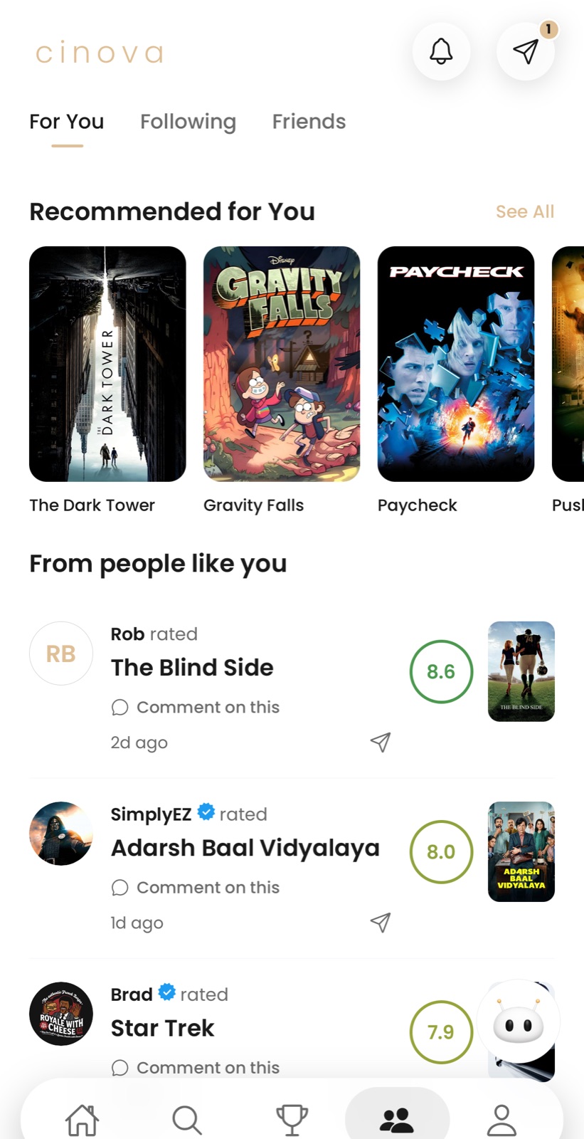 The Cinova feed with friends' ratings