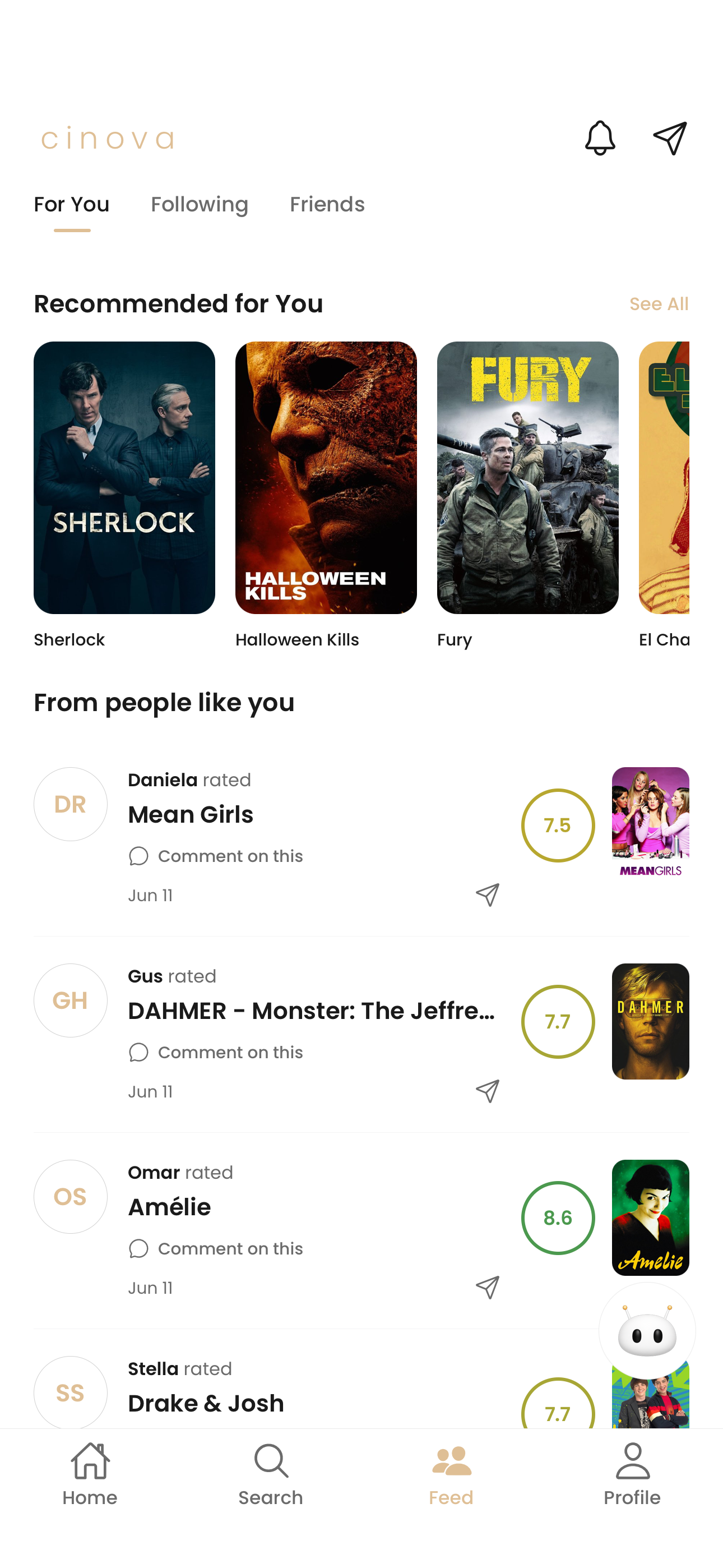 See what friends are watching — Cinova