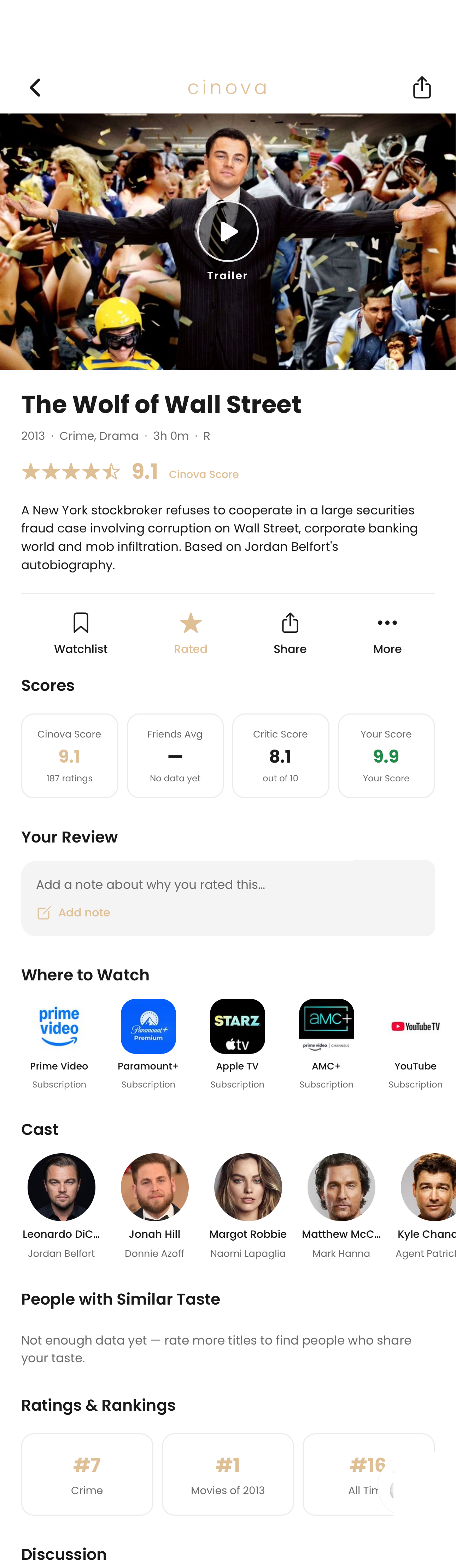 A movie page — scores, where to watch, cast — Cinova